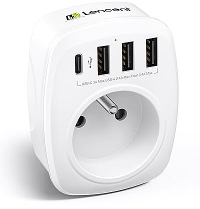 LENCENT Prise Secteur Multiple, Chargeur Multiprises avec 1 Sortie AC, 1 USB C et 3 Ports USB, Murale Electrique Compatible avec iPhone/iPad, Idéal pour Chambre Bureau Domicile 4000W