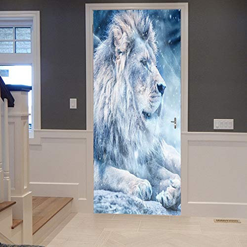 A.Monamour Türtapete Selbstklebend Türfolie Türposter 3D Löwe Liegend Auf Schnee Winter Saison Im Freien Tier Vinyl Folie Türdeko Tapete Wandbild Türaufkleber Türtattoo 90 x 200 cm