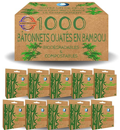 Cotons tiges en Bois de Bambou | JaMoonLBV JmL® Marque Française | 1000 Bâtonnets Ouatés en Coton Durable | Biodégradable & Compostable Boîte Eco Recyclable Réutilisable | Cure Oreille | Zéro Déchet