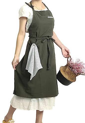 Pincy Weiche Schürze aus Baumwollleinen – Retro-Leinen-Kunstschürze, verstellbare lässige Schürze mit Handtuch, ideal für Floristen, Kaffeehaus und Küche (Olivgrün)