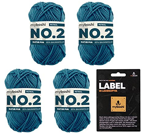 myboshi No.2 inkl. Label, Baumwolle zum Häkeln, Baby Wolle, vegane Wolle zum Stricken, Wolle 60 Grad waschbar, für Baby und Amigurumi, 50g, Ll 100m Blau (Petrol), 4 Knäuel