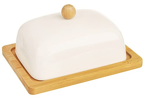 Orion - Butterdose mit deckel aus Weiß porrzellan Bambusholz - Butterschale - Butterdosen - Butter behälter dish - Butterglocke - Butterbehälter - Butterbox - Butterfass - Kräuterbutter 16x13x8,5 cm