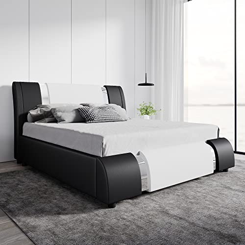 SHA CERLIN Queensize-Plattform-Bettgestell mit Eisenstücken-Dekor und verstellbarem Kopfteil / Deluxe gepolstertes modernes Bett mit massiven Holzlattenstützen, kein Boxspringbett erforderlich, Weiß