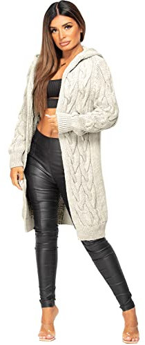 GirlzWalk® Women Ladies Cardigan Cable Open Front Knitted Oversized Long Hooded Chunky Jumper Cape Top Sweater Knitwear Loose Coat Size 8-18 (Cream)