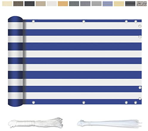 YangAera Balkon Sichtschutz 80x200CM, Windschutz Wasserdicht und UV-Schutz Balkonabdeckung - mit Ösen Kabelbinder und Kordel, für Balkongeländer Terrasse Garten (Blaue und Weiße Streifen)