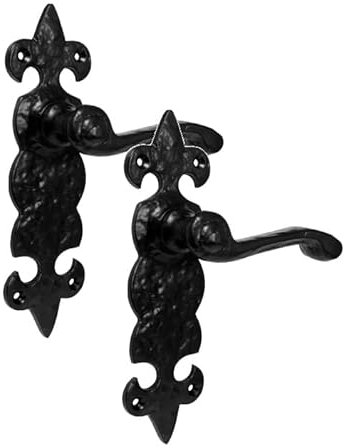 Golden Grace Antique Fleur De LYS Door Handles Latch in Black Finish, 1 Pair