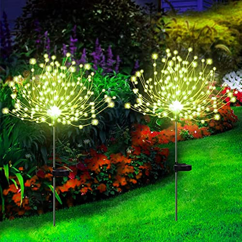 CUQOO Premium 2 Pack Solar Firework Ground Stake Lights - Waterproof Solar Powered Garden Lights with 2 Lighting Modes, Warm White Outdoor Garden & Patio Christmas Party Decoration