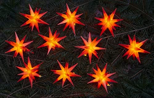 GURU SHOP Sternenkette, Lichterkette mit 10 x LED, Adventsstern, Außenstern, Weihnachtsstern Ø 12 cm, Länge 10,9 m, mit Timer - 10er Rot, Kunststoff, Weihnachtsstern, Adventsstern