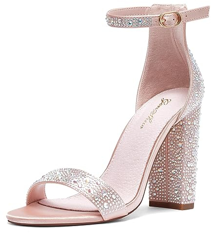 Zhabtuc Damen Sandaletten High Heels mit Blockabsatz Hoher Absatz Offene Zehen Knöchelriemen Sommerschuhe Frauen Chunky Blockabsatz Sandalen Abend Party Sandals Champagne EU39