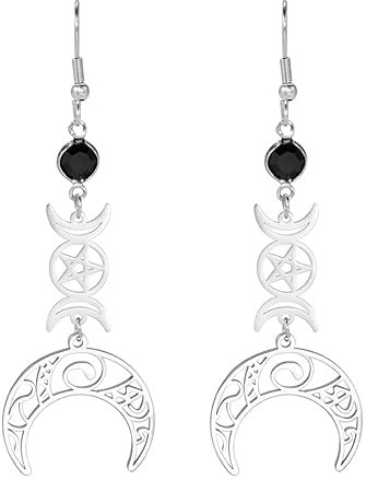 Dreifach Mond Göttin Pentagramm Mondsichel Anhänger Ohrringe Amulett Wiccan Schmuck Edelstahl Schmuck Geschenk Mädchen Frau (A-Silber)
