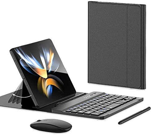 SHIEID Samsung Galaxy Z Fold 4 Keyboard with Bluetooth Mouse and Capacitive Pen Bluetooth Keyboard Wirelessly Connects with Leather Cover for Galaxy Z Fold4 & Galaxy Z Fold3, Black