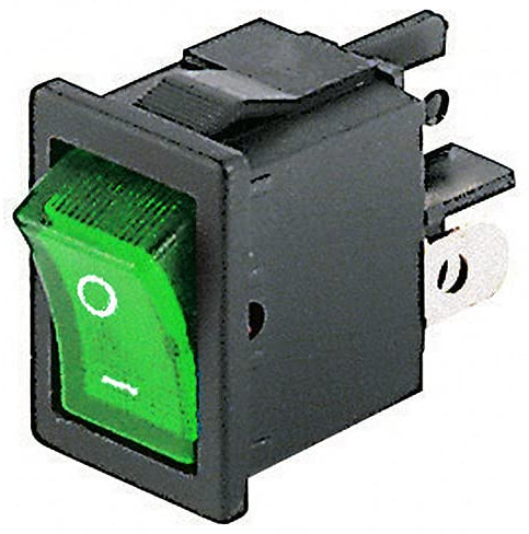 Interruttore bipolare a bilanciere DPST bipolare ON-OFF con tasto luminoso verde e con terminali faston 4,8mm, foro di montaggio 19x13mm, 250V 6A