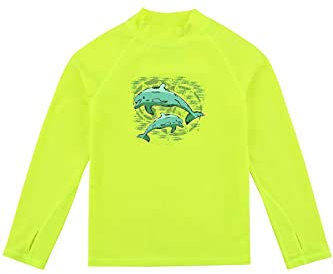 HDTIYUYP Rash Vest Kids Long-Sleeve - Boys Girls UV Sun Produtction Rashguards Swim Tshirts UPF Surfing Top Repreve® Recycle Beach Water Top with Thumbhole Neon Yellow 13yrs