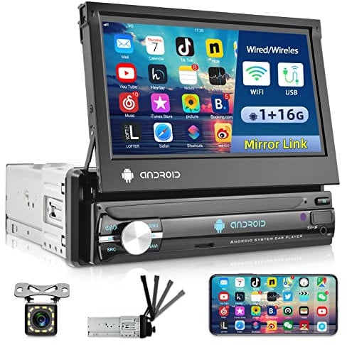 1G+16G Android Single Din Flip Out Touch Screen Car Stereo, 7 inch 1 Din Radio Support Wi-Fi/Mirror Link/Bluetooth/SWC/USB/FM Radio + Backup Camera + Mic