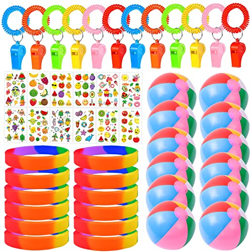 Funmo 48 Stück Strand Party Mitgebsel Kinder Geburtstag Party Favor Mitgebsel Mix Seifenblasen Sonnenbrille Trillerpfeife Beach Balls Pool Party Spielzeug Sommer Party Mitgebsel Party Give Aways