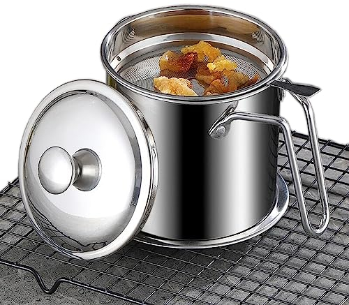 Toolzia 1.3L Oil Strainer Pot Grease Can, Stainless Steel Oil Storage Can Container with Fine Mesh Strainer Dust-Insect-Proof lid Non-Slip Plate Suitabl for Storing Frying Oil and Cooking Grease