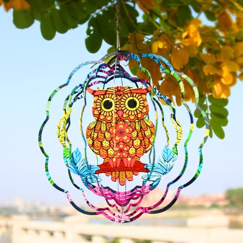 TFANUO Windspiel Hängend 300mm Windspiel Edelstahl Eule 3D Windspiel Innen-/Außendekoration mit Laserschnitt Kinetic Spinner