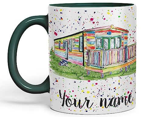Vixar Personalised with Your Text Watercolour Caravan Static Holiday Homert Coloured Ceramic Mug Cup Gift 330ml 11oz Custom Work Office Tea Coffee (D Green)