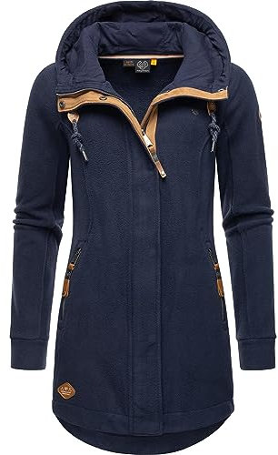 Ragwear Damen Leichter Fleece-Übergangsmantel lang windabweisend mit Kapuze Letti Fleece Navy Gr. M