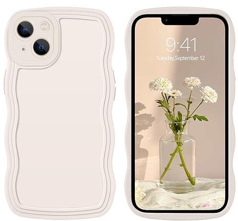 GUAGUA iPhone 13 Mini Wavy Case - Cute Curly Wave Shape Design, Soft Hybrid TPU Bumper, Drop Shockproof Protective Anti-Slip for 5.4'' - Antique White