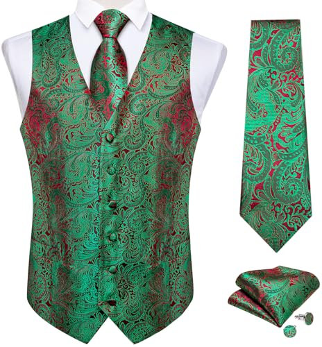 DiBanGu Herren Paisleymuster Anzugweste und Krawatte, Seide, ärmellos, Weste und Krawatte, Einstecktuch, Manschettenknöpfe für Hochzeit, formelle Anlässe, rot, grün, Medium