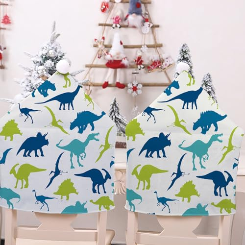 Lukery Dinosaurier Muster Stuhlhussen Weihnachtsmütze, 2 4 6 8er Set Stuhlhussen Nikolausmütze Weihnachtsdeko für Stühle Stuhlhusse Stuhlbezug Weihnachten (Blau Dinosaurier,2 Stücke)