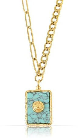 Made by Nami Halskette Damen Gold mit Türkisfarbenem Anhänger 40 + 5 cm Länge Wasserfest Geschenke für Frauen Boho Schmuck