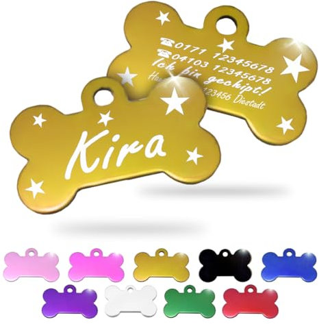 Ibera gifts - Hundemarke mit Gravur und personalisierte Hundemarke in Knochenform für mittelgroße bis große Hunde und Katzen (Gold, Sterne)