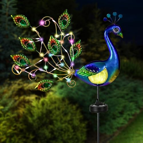 IWTBNOA Solarlampen für Außen Garten, Pfau Garden Solar Pfahl Lichter, Metall Pfau Gartendeko Wasserdicht, Pfau Garten Statue Metall, Gartendeko Draußen Pfau für Terrasse Patio Hof Wege Dekorationen