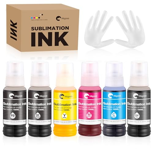 Hiipoo Sublimationstinte für ET-8500 ET-8550 Großformat-Supertank-Drucker, Wärmepressübertragung auf T-Shirt-Bechern (BK PB C M Y GY)