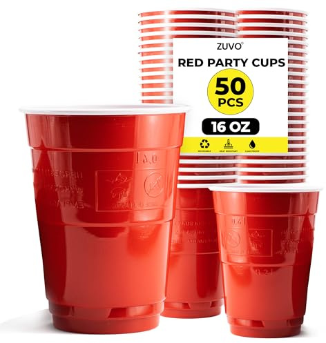 Zuvo Red Party Cups 16oz, Plastic Disposable Cups 50 Pack | Rigid moulded construction, break-resistant, for long drinks, punch, juice, cider, cocktails and mixers