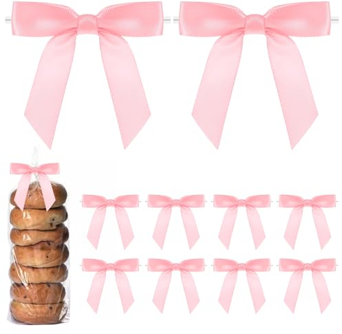 Andibro 50 Stück Satinband Twist Tie Schleifen,7 cm Rosa Vorgebundene Bastelschleifen,Paket Dekoration Schleife für Weihnachten DIY Leckerli-Tüten Pakete Basteln Hochzeit Babyparty Brithday Party