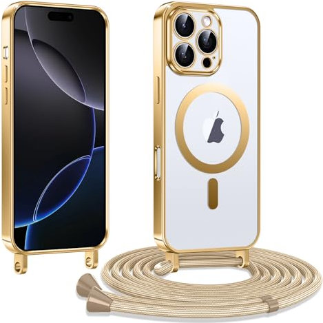 Kokio Handykette Hülle für iPhone 16 Pro Max 6,9 Zoll mit Band, Magnetische Transparent Handyhülle Kompatibel mit MagSafe, Kratzfeste Stossfest Schutzhülle mit Einstellbar Kette, Gold
