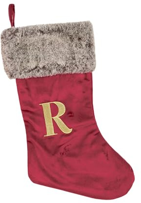 Celebright Christmas Stocking with Embroidered Letter 'R' - Festive Holiday Décor for a Memorable Celebration - Faux Fur - Red
