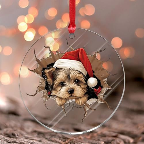 Peeking Yorkshire Terrier Hängeornamente, Weihnachtsmann, Hund, Weihnachtsbaumschmuck, Andenken, Weihnachtsbaumschmuck, Bauernhaus, transparent, rund, Acryl, Ornament, Anhänger für Nachbarn und