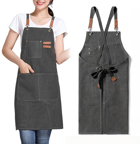 GHKLNY Unisex-Schürzen mit großen Taschen, Baumwoll-Leinen, Kreuzrücken, strapazierfähig, verstellbar, Arbeitsschürze, Größe Kinder bis Erwachsene, GRAU, Erwachsene
