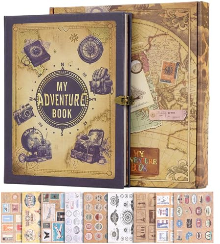 My Adventure Book Fotoalbum, 124 Seiten, 23,9 x 21,6 cm, Retro-Stil, geprägter Briefeinband, Reisetagebuch, Tagebuch, Sammelalbum für Paare, Erinnerungsbuch für Jahrestag, Hochzeit