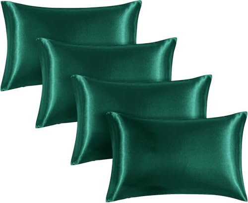 Moonlight Bedding Green Satin Pillowcases 4 Pack – Soft & Smooth Feels Like Silk Pillowcases for Hair and Skin Care