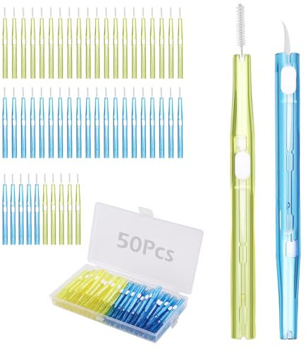 Bigqin 50 Piezas Cepillos Interdentales 0,6/0,7 mm de Diámetro, Doble Cabeza Cepillo Interdental + Palillos Interdentales con Estuche para Limpieza Dental