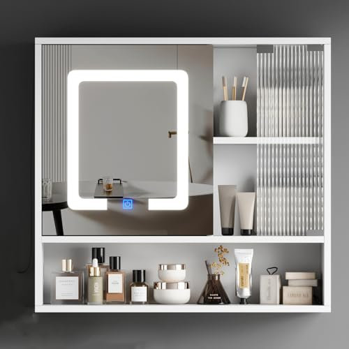 BSTSEL Wall Mounted Bathroom Mirror Cabinet 70 x 65 cm with Adjustable Shelf 3-Color LED Lights, Tempered Glass Door with Storage, Cupboard Shelf for Toiletries Furniture Unit (Mirror with Led Lights)
