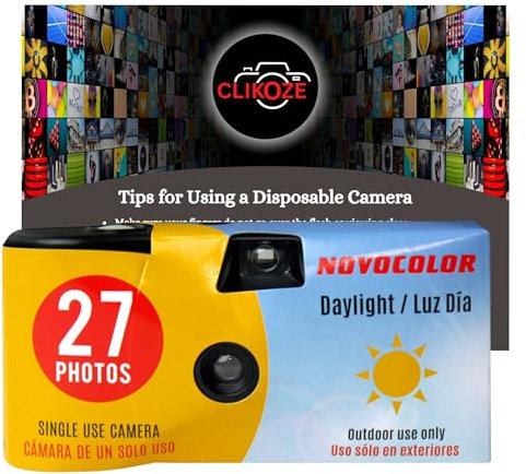 Disposable Camera Bundle with Novocolor Daylight Single Use Camera 27 Exposures and Clikoze Photography Tips Card (1 Unit)
