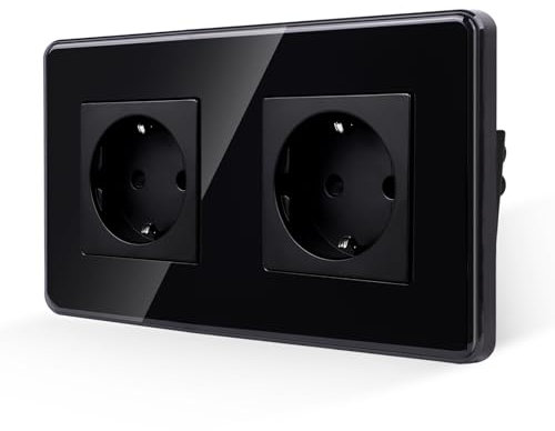 JIMEIDA Enchufe doble negro, placa de cristal curvada 2,5D, 16 A, enchufe Schuko, empotrable, enchufe de pared, 157 x 86 mm, 250 V