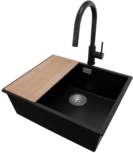 PRIMAGRAN Granitspüle ab 60er Unterschrank + Küchenarmatur, 56x47cm | Set: Küchenarmatur BW9010 + Ablauf-Set + Schneidebrett + Spülbecken 1 Becken - London Slim, Schwarz