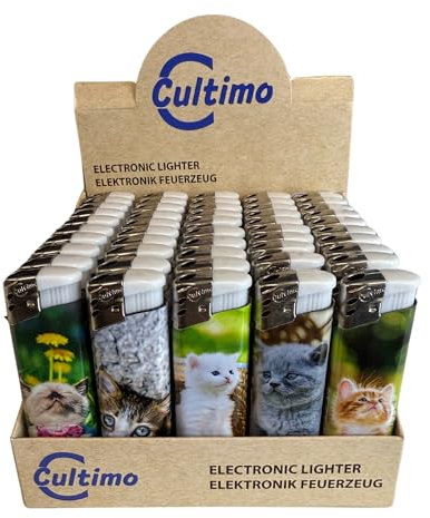 Cultimo 50 Stück Elektronik Feuerzeuge mit Motive, Nachfüllbar & Kindergesichert | Feuerzeug Lighter elektronische, Gas befüllt (Katze)