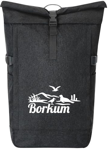 Huuraa Kurierrucksack Borkum Strandmotiv 30-44 Liter Black Melange Fairtrade Rolltop Rucksack Geschenkidee