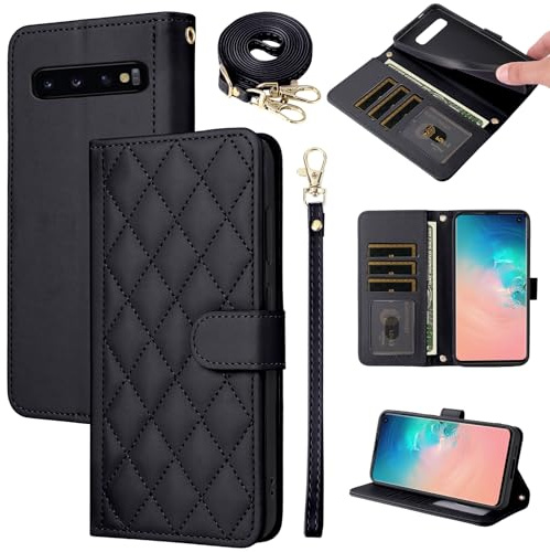 ELISORLI Handyhülle für Samsung Galaxy S10 Hülle mit Band Kartenfach Klappbar Geldbörse Ständer Leder Dünn Slim Wallet Handykette Zubehör S 10 10S Edge Handy Hüllen Schutzhülle Phone Case Schwarz