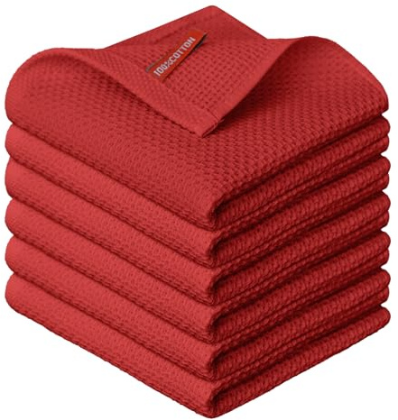 Artoid Mode Waffel Rot 100% Baumwolle Weiche Küchentücher Geschirrtücher, 6er Set 30x30 cm Waschbar Saugfähig Spüllappen Reinigung Küchen