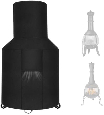 LYHNMW Patio Chiminea Cover, Waterproof Chiminea Fire Pit Cover, Heavy Duty 420D Oxford Protective Fireplace Covers with Drawstring for Outdoor Garden (Black 420d Polyester Oxford)