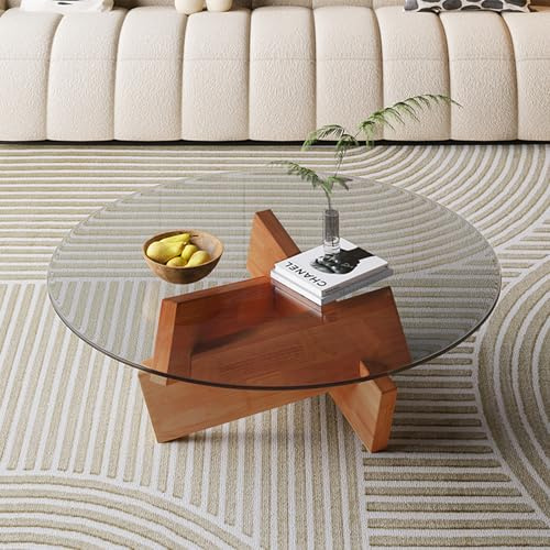 Couchtisch rund, 80cm moderner Wohnzimmertisch mit Hartglas-Oberfläche & Beinen Aus Massivholz, Glas-Couchtisch mit geometrischem Holzfuß, Kaffeetisch für Wohnzimmer & Schlafzimmer (Transparent)