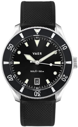 Vaer DS2 Quarz-Taucheruhr für Herren, Ocean Ready 15 ATM, 39 mm, batteriebetrieben, Saphirglas (+/- 20 Sekunden pro Monat), zwei Schnellwechselarmbänder 20 mm, Geschenkset für Herren, Meridian Black